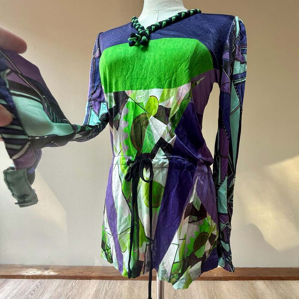 Custo Barcelona Geometric Print Long Sleeve Tunic Top with Drawstring Waist